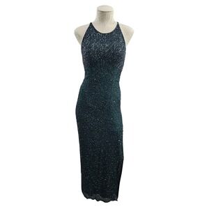 Sean Collection Vintage Silk Beaded Halter Gown Dress Green Iridescent Small 90s